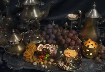 Still Life. Traditional Oriental Sweets on Vintage Moroccan Tray