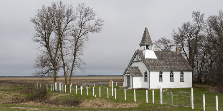 A White Church In A Rural Area; St. Francois Xavier, Manitoba, Canada