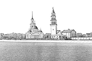 Nevyansky Leaning Tower and the Transfiguration Cathedral. Russia