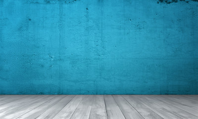 Rendering of interior with blue concrete wall and wooden floor.