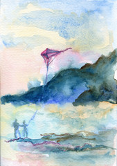 watercolor postcard with abstract people walking near the sea.  Aquarelle sky, mountains and beach