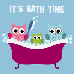 Owl family sitting in the bath