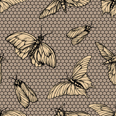 Vector seamless pattern with butterflies on net . Stylish graphic lattice texture. Repeating print in yellow color old-styled background