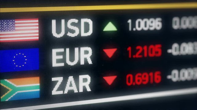 South African Rand, US dollar, Euro comparison, currencies falling, crisis. World currencies plummet down, financial crisis, stock market crash

