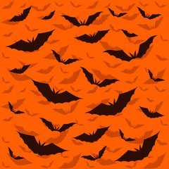 Bat forms a frame. Orange background. Halloween. Bat cartoon. Vector illustration.