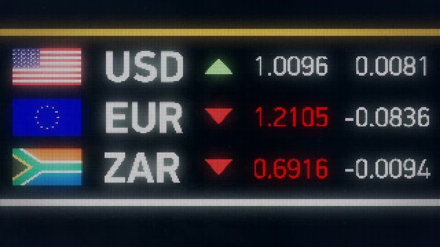 South African Rand, Euro falling compared to US dollar, financial crisis. World currencies plummet down, financial crisis, stock market crash

