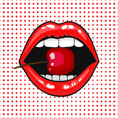 Obraz premium Close up view of young pretty woman lips portrait biting a cherry. Open month with white teeth eating a red cheery. halftone dots background. Pop art comic style.