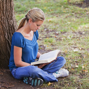 Woman Reading Her Bible In A Park Beside A Tree; Edmonton, Alberta, Canada
