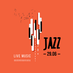 Jazz music festival, poster background template. Keyboard with music keys. Flyer Vector design