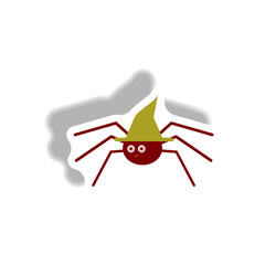 Vector illustration paper sticker Halloween icon spider in witch hat