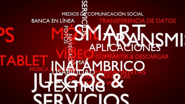 Smart, mobile, applications word tag cloud - red, Spanish variant, 3D rendering, UHD