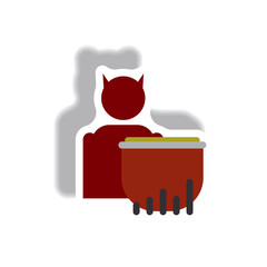 Vector illustration paper sticker Halloween icon Devil and magic kettle