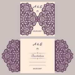 Wedding invitation or greeting card with abstract ornament. Vector envelope template for laser cutting. Paper cut card with silhouette. Cutout silhouette panel. Cutting file