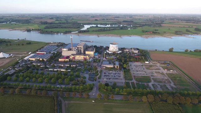 Aerial View Old Historic Nucelar Plant is now an Amusement Park near the River