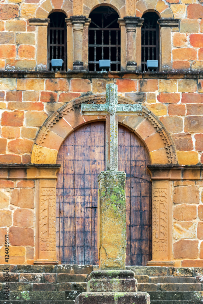 Canvas Prints Cross in front of Santa Barbara church in Barichara, Colombia