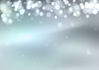 Vector illustration of winter bokeh background with snowflakes. Northern lights, festive defocused lights, snowflakes