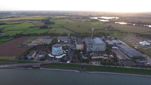 Aerial View Old Historic Nucelar Plant is now an Amusement Park near the River