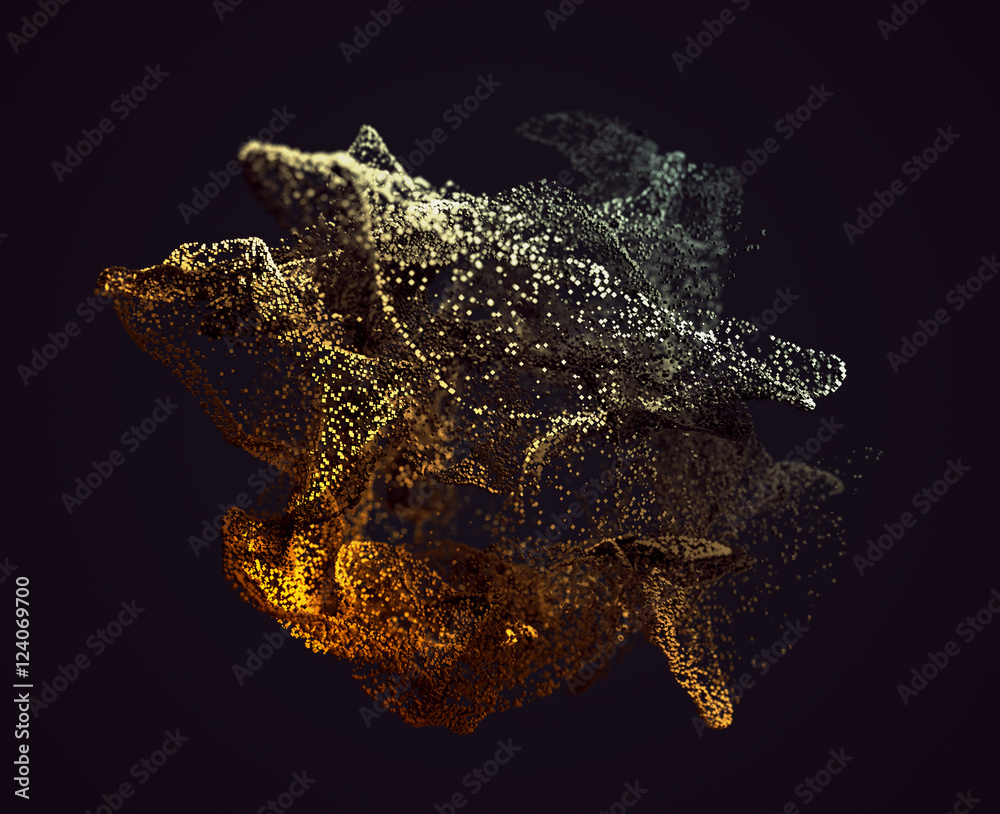 Poster abstract 3d rendering of chaotic particles. flying cubes in empty space. dynamic shape. futuristic b