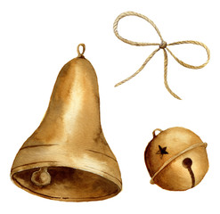 Watercolor christmas bell set. Gold bells isolated on white background. For design, prints or background