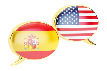Speech bubbles, Spanish-USA conversation concept. 3D rendering