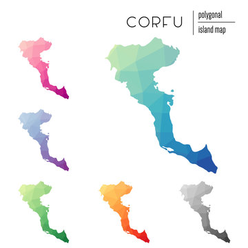 Set of vector polygonal Corfu maps filled with bright gradient of low poly art. Multicolored island outline in geometric style for your infographics.