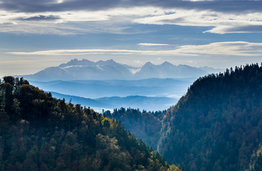 View from Sokolica in Pieniny Mountains with Tatra Mountains, Season Autumn