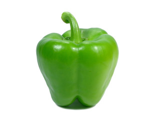One ripe bright green bell pepper with stem isolated on white background, close-up 