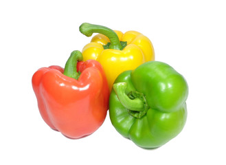 Obraz na płótnie Canvas Three bright yellow, green, red color ripe bell peppers with green stem isolated on white background 