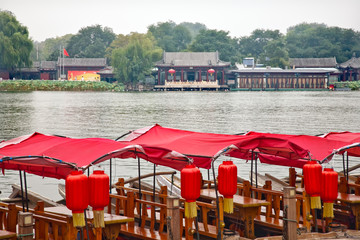 Fototapeta na wymiar Red Boats Houhai Lake Beijing, China