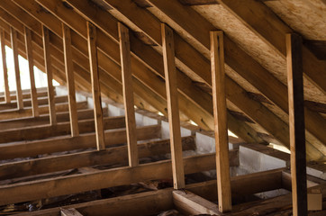 Interior view of a wooden roof structure.