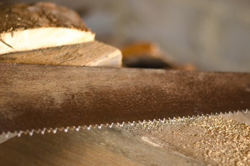 saw with sawdust and pieces of wood.