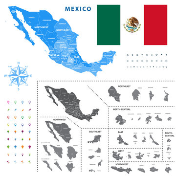 Vector map of Mexico regions represents a general outline of a states ciudades. All layers detachable and labeled.