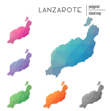 Set of vector polygonal Lanzarote maps filled with bright gradient of low poly art. Multicolored island outline in geometric style for your infographics.