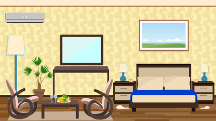 Flat style interior of a hotel room with rest zone, furniture