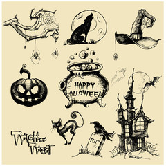 Obraz premium Halloween vector collection.Hand drawn illustration.Line art. Doodle.