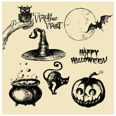Halloween vector collection.Hand drawn illustration.Line art. Doodle.