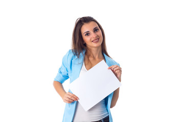 Woman holding white sheet of paper