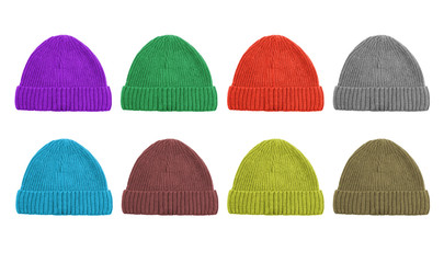 A set of eight color woolen caps isolated on white background