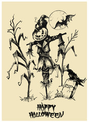 Halloween vector .Scarecrow.Hand drawn illustration
