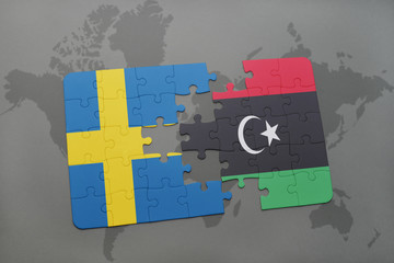 puzzle with the national flag of sweden and libya on a world map background.