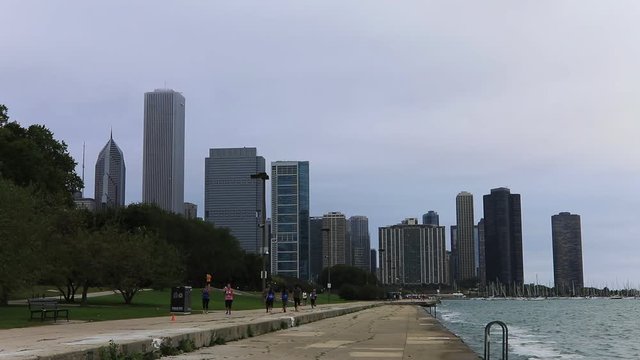 The Chicago skyline on a misty day by the harbor