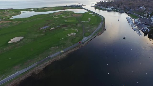 Golf course and residential neighborhood, aerial, Fairfield County, Connecticut.