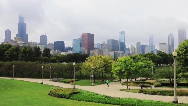 A View of the Chicago skyline with park in front