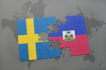 puzzle with the national flag of sweden and haiti on a world map background.