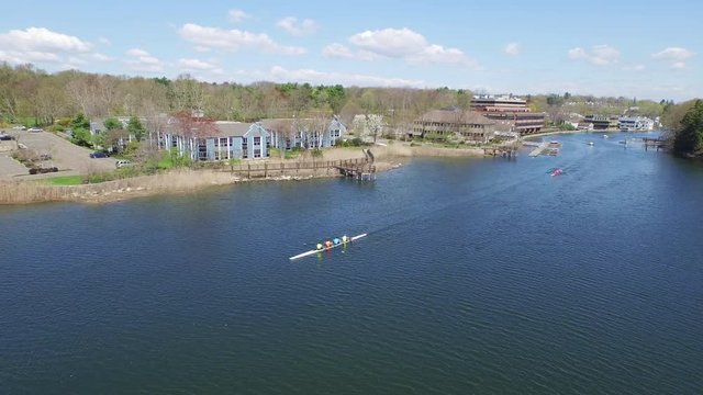 Aerial over rowers on Saugatuck River.