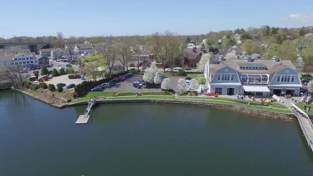 Aerial over river during the day, Saugatuck River.