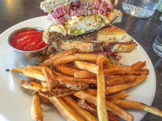 Fresh bison burger with fries