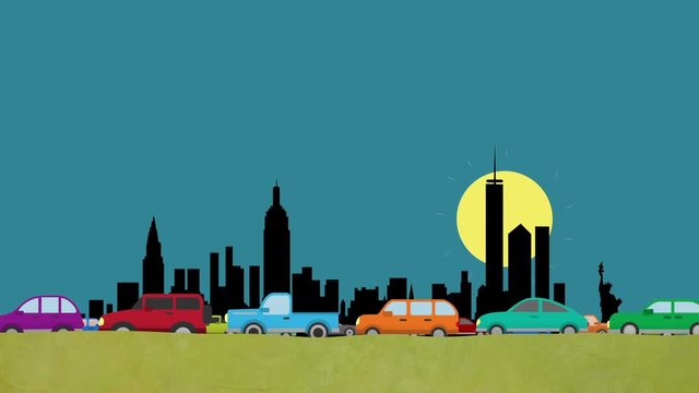 	Looping Cartoon Vector of Cars in Heavy Traffic Driving on a New Your Skyline