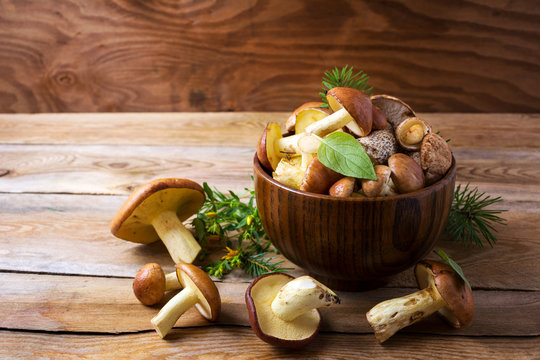 Edible mushrooms in the wooden bowl