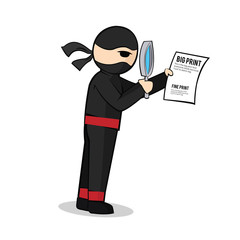 Cartoon ninja with magnifier analysis paper sheet